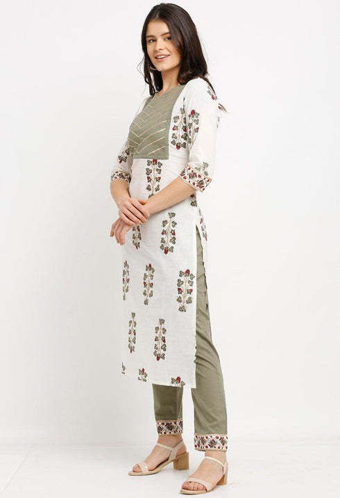 White And Green Pure Cambric Cotton Floral Printed Kurta Set With Dupatta