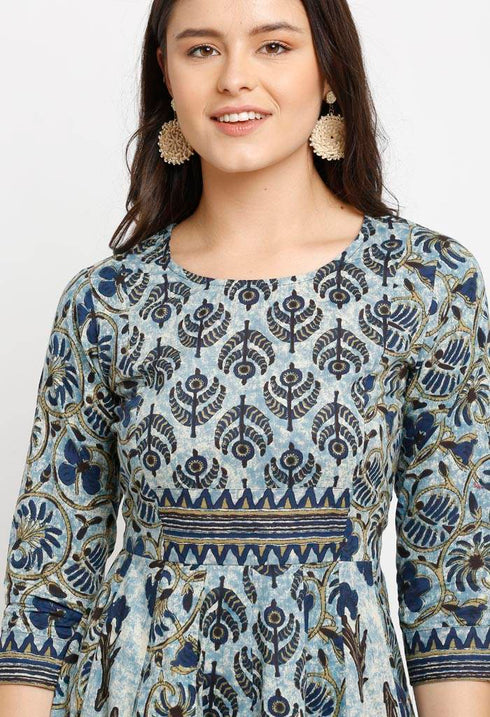 Blue Pure Cambric Cotton Printed Kurta Set With Dupatta