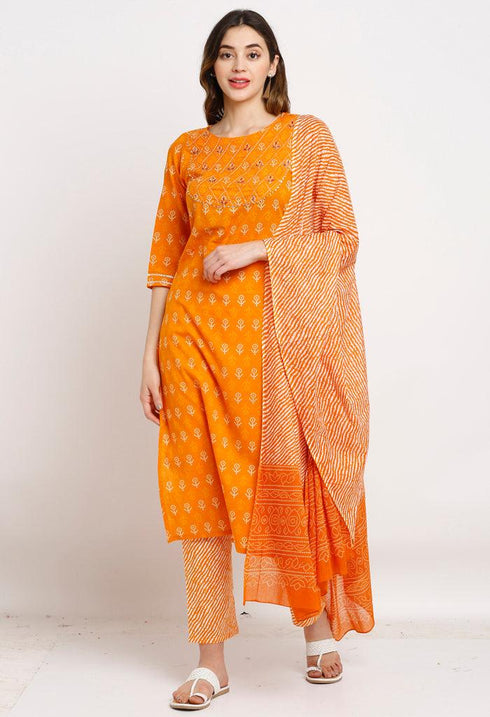 Orange Pure Cambric Cotton Floral Embroidered Kurta Set With Dupatta