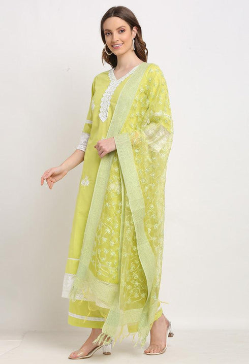 Light Green Pure Cambric Cotton Floral Embroidered Kurta Set With Dupatta