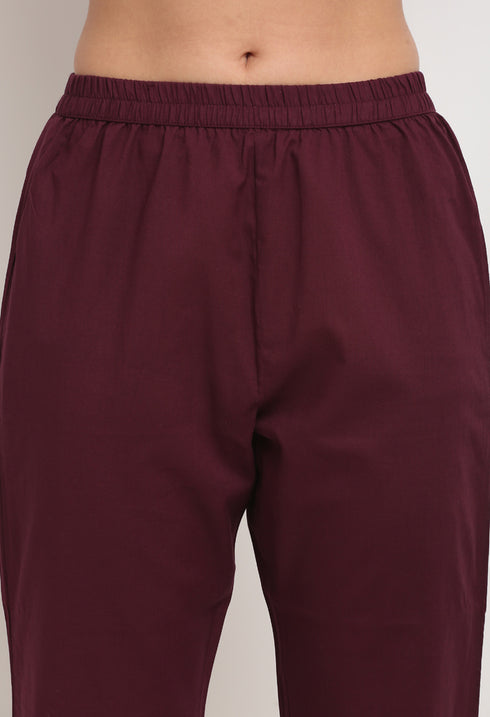 Wine Pure Cambric Cotton Floral Embroidered Kurta Set With Dupatta