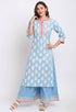 Blue Pure Cambric Cotton Floral Printed Kurta Set With Dupatta