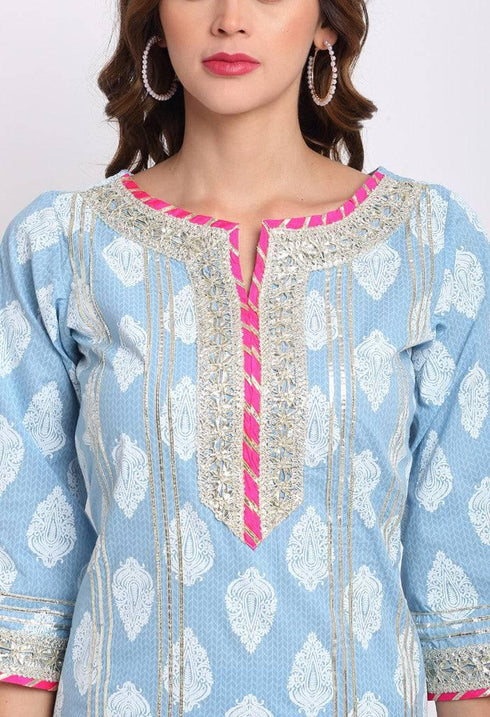 Blue Pure Cambric Cotton Floral Printed Kurta Set With Dupatta