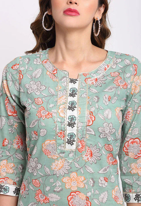 Sage Green Pure Cambric Cotton Floral Printed Kurta Set With Dupatta