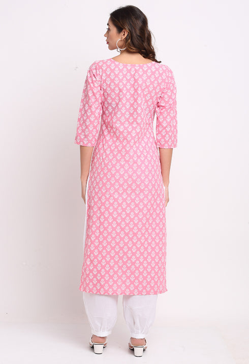 Pink And White Pure Cambric Cotton Kurta Set With Dupatta