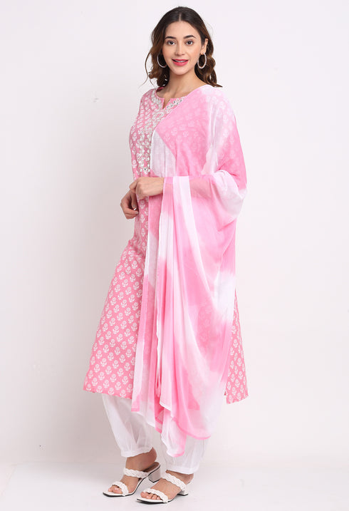 Pink And White Pure Cambric Cotton Kurta Set With Dupatta