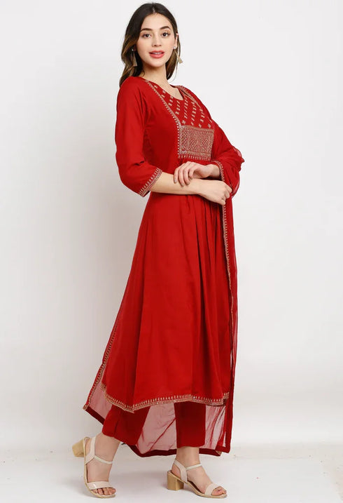 Maroon Rayon Floral Embroidered Kurta Set With Dupatta