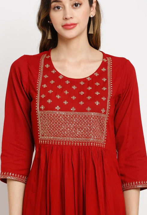 Maroon Rayon Floral Embroidered Kurta Set With Dupatta