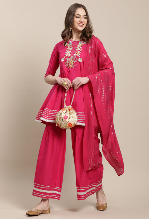 Magenta Pure Cambric Cotton Embroidered Kurta Set With Dupatta