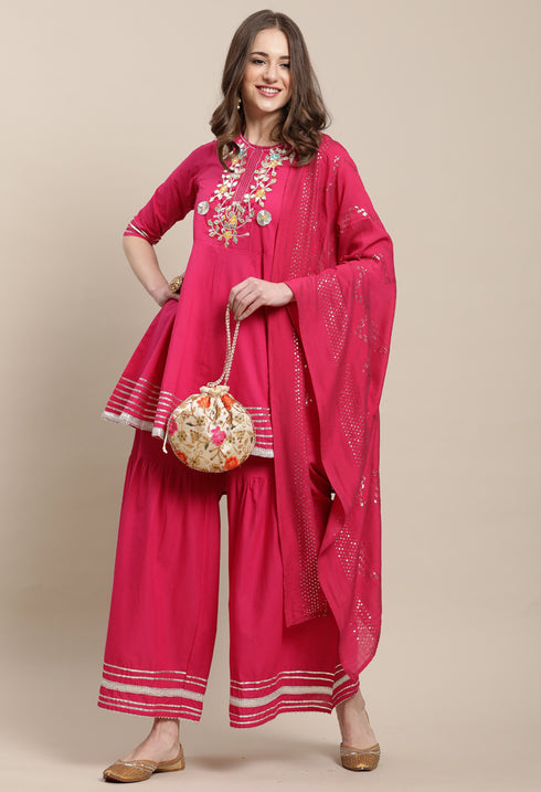 Magenta Pure Cambric Cotton Embroidered Kurta Set With Dupatta