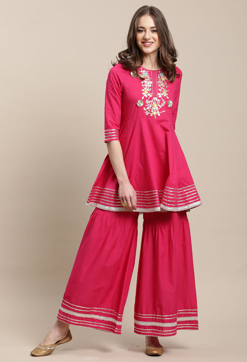 Magenta Pure Cambric Cotton Embroidered Kurta Set With Dupatta