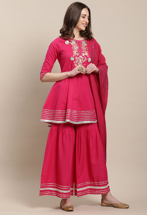 Magenta Pure Cambric Cotton Embroidered Kurta Set With Dupatta