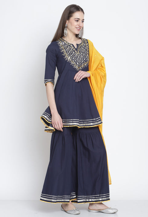 Navy Blue Pure Cambric Cotton Floral Embroidered Kurta Set With Dupatta