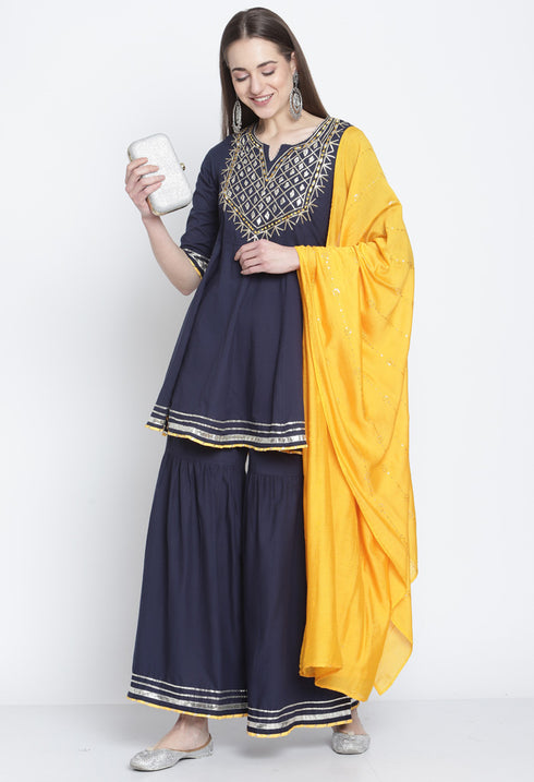 Navy Blue Pure Cambric Cotton Floral Embroidered Kurta Set With Dupatta