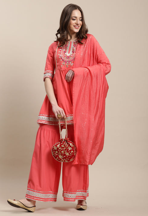 Peach Pure Cambric Cotton Embroidered Kurta Set With Dupatta