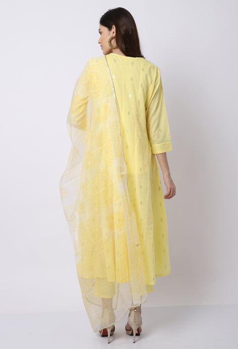 Yellow Pure Cambric Cotton Floral Embroidered Kurta Set With Dupatta