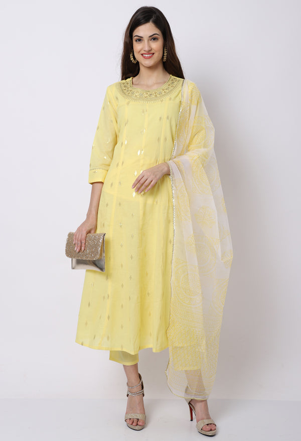 Yellow Pure Cambric Cotton Floral Embroidered Kurta Set With Dupatta