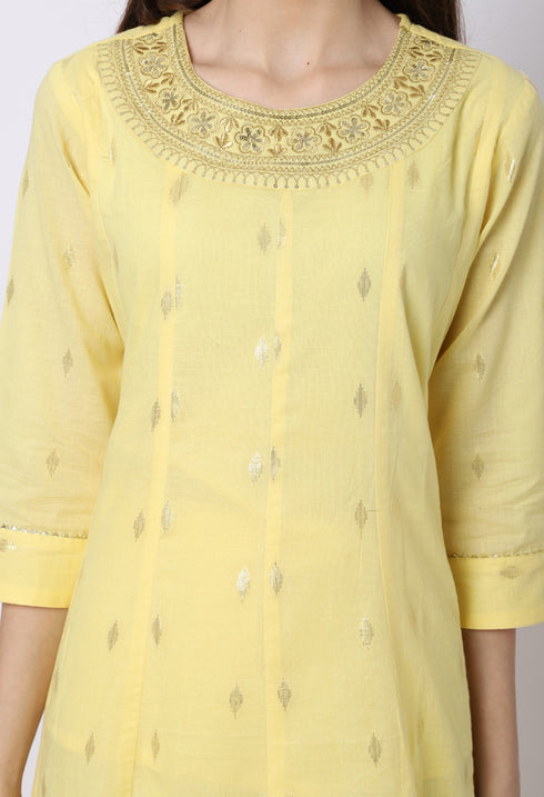 Yellow Pure Cambric Cotton Floral Embroidered Kurta Set With Dupatta