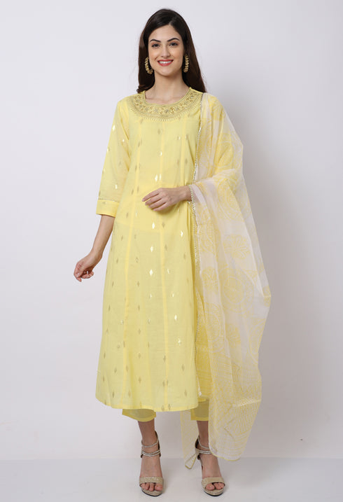 Yellow Pure Cambric Cotton Floral Embroidered Kurta Set With Dupatta