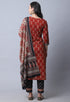 Brown & Black Pure Cambric Cotton Jaipuri Printed Kurta Set With Dupatta