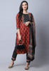 Brown & Black Pure Cambric Cotton Jaipuri Printed Kurta Set With Dupatta