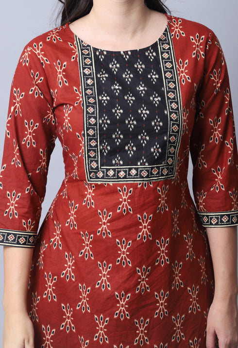 Brown & Black Pure Cambric Cotton Jaipuri Printed Kurta Set With Dupatta