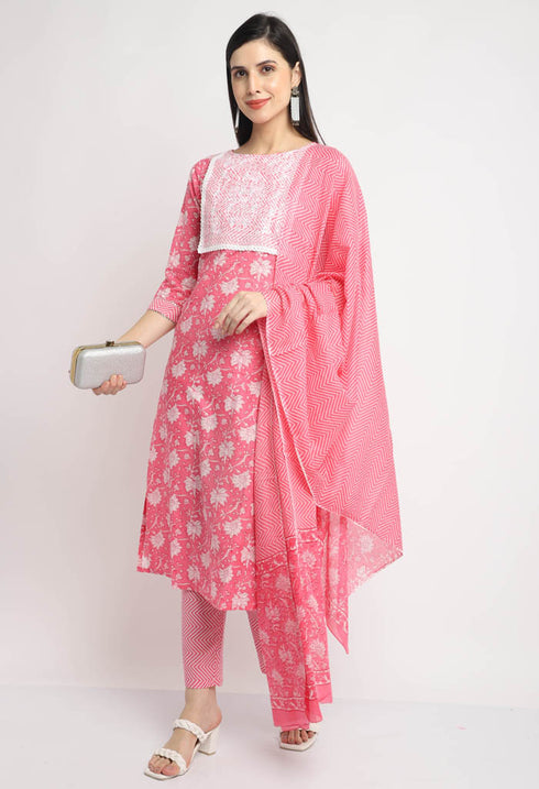 Pure Cambric Cotton Embroidered Kurta Set With Dupatta