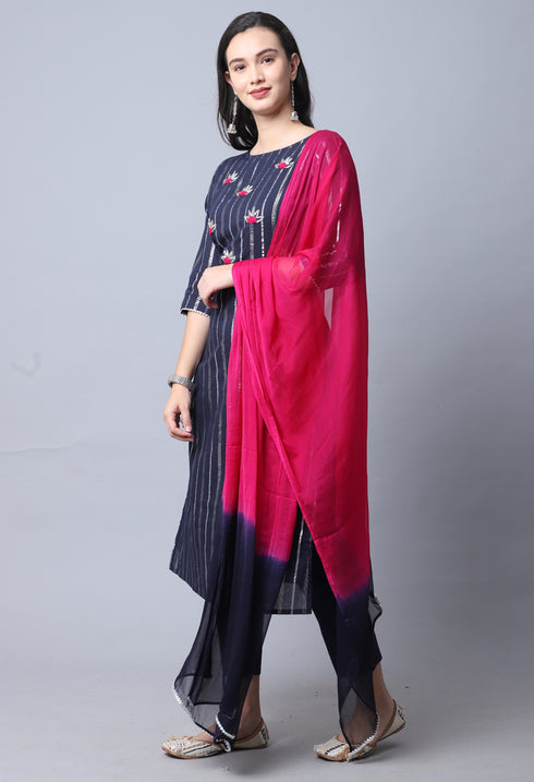 Navy Blue Pure Cambric Cotton Embellished Kurta Set With Dupatta