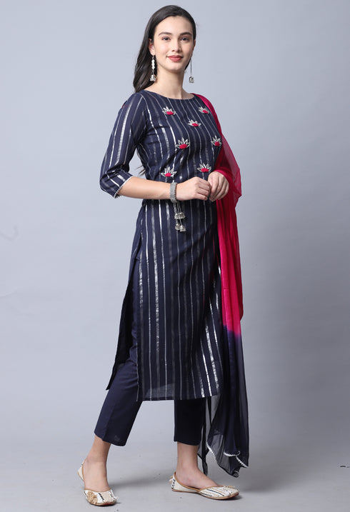 Navy Blue Pure Cambric Cotton Embellished Kurta Set With Dupatta