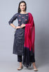 Navy Blue Pure Cambric Cotton Embellished Kurta Set With Dupatta