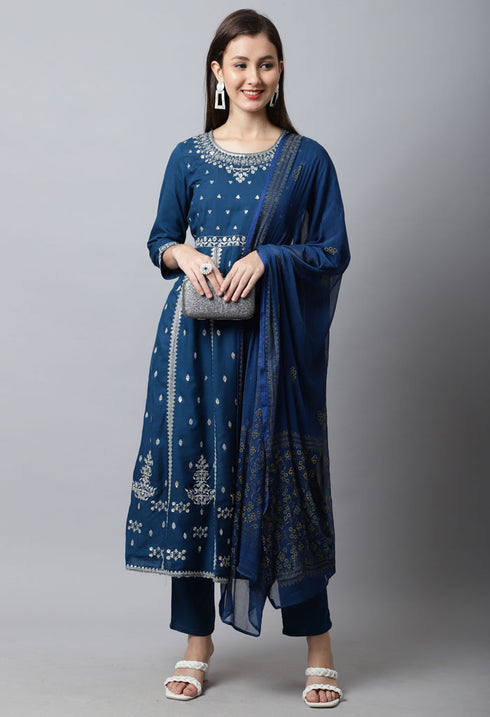 Rayon Slub Embroidered Kurta Set With Dupatta