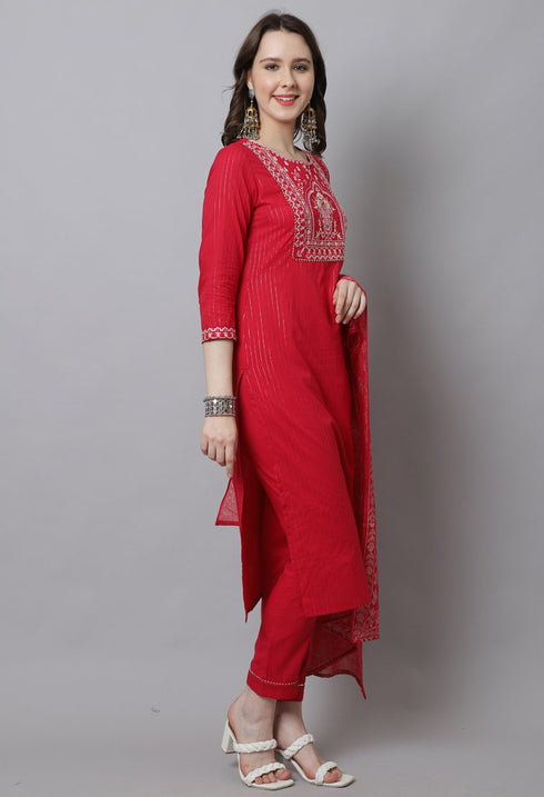 Pure Cotton Zari Weaving And Embroidered Kurta Set With Dupatta