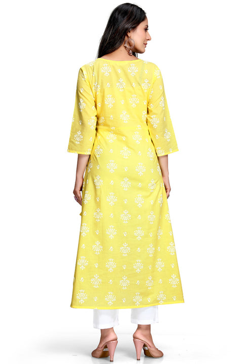 Yellow And White Pure Cambric Cotton Printed Kurta With Palazzo