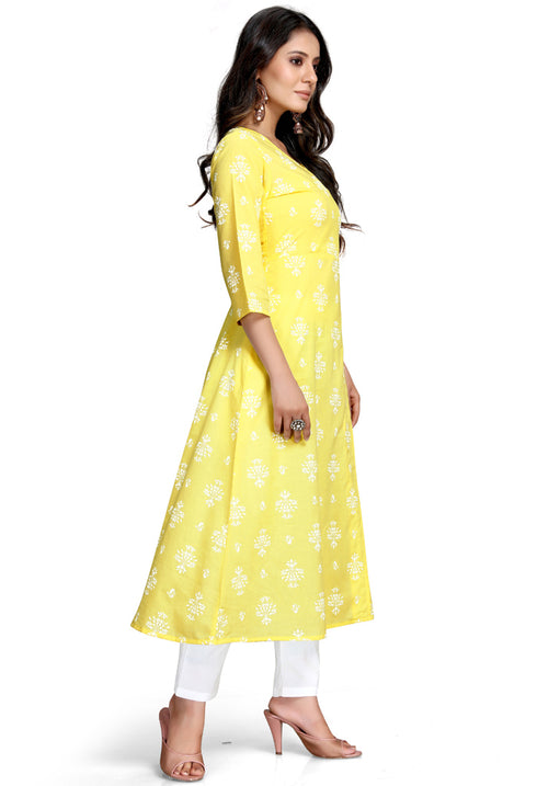 Yellow And White Pure Cambric Cotton Printed Kurta With Palazzo