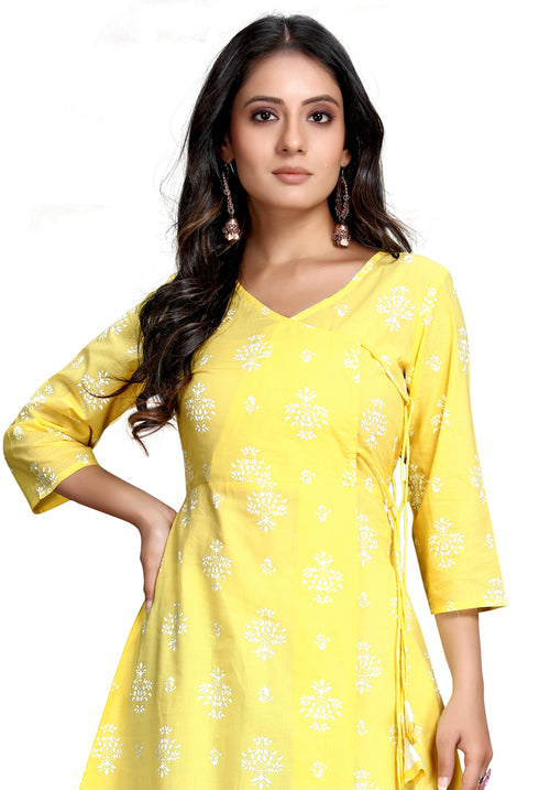 Yellow And White Pure Cambric Cotton Printed Kurta With Palazzo