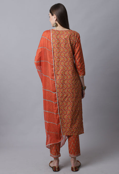 Pure Cotton Jaipuri Printed & Hand Work Kurta Set With Dupatta