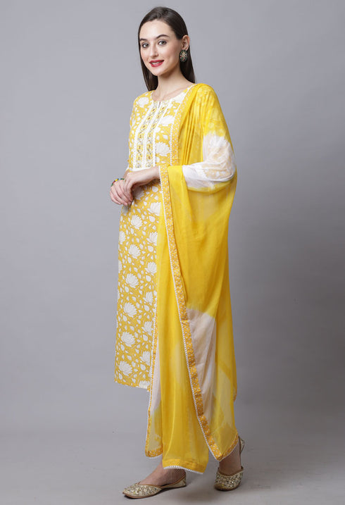 Pure Cotton Jaipuri Printed & Embroidered Kurta Set With Dupatta