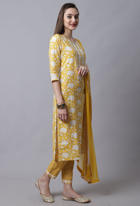 Pure Cotton Jaipuri Printed & Embroidered Kurta Set With Dupatta