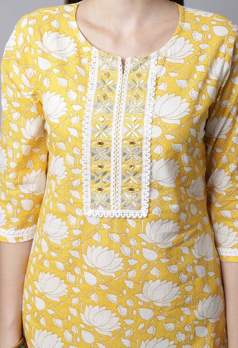 Pure Cotton Jaipuri Printed & Embroidered Kurta Set With Dupatta