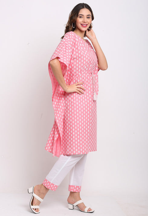 Pink Pure Cambric Cotton Printed Kaftan With Pant
