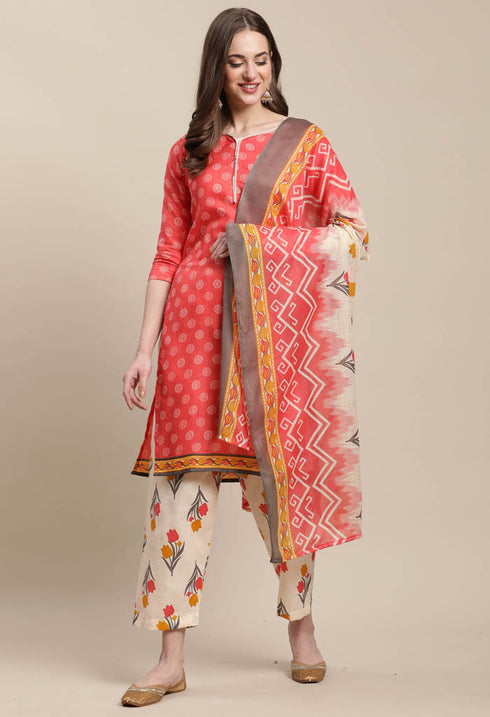 Rajnandini Peach Cotton Blend Printed Salwar Suit