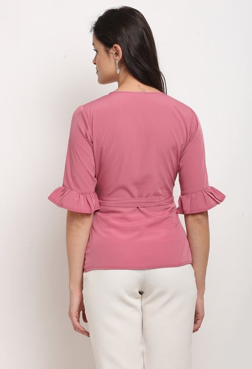 Pink Polyester Solid Peplum Wrap Top