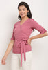 Pink Polyester Solid Peplum Wrap Top