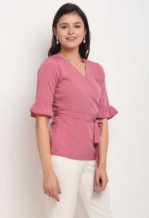 Pink Polyester Solid Peplum Wrap Top
