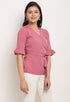 Pink Polyester Solid Peplum Wrap Top