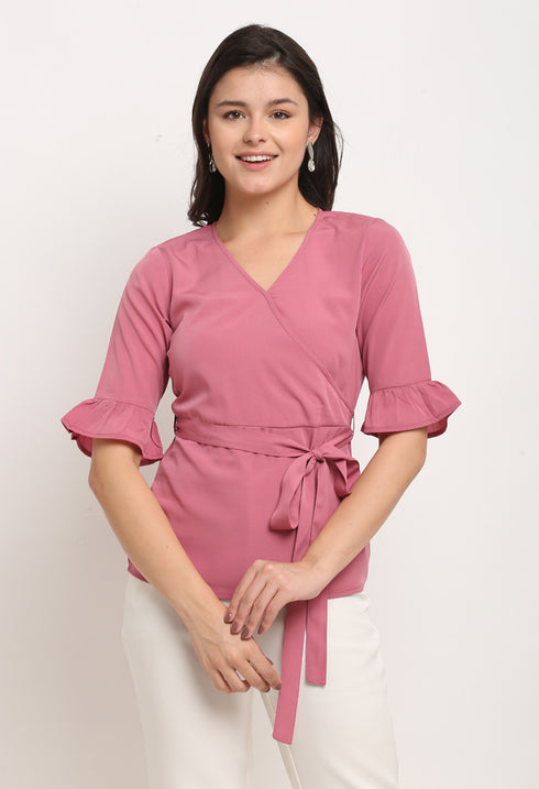 Pink Polyester Solid Peplum Wrap Top