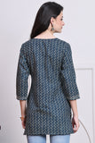 Teal & Beige Women's Cotton Zig-Zag Printed Tunic