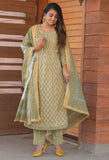 Light Yellow & Light Green Pure Cotton Jaipuri Printed  Kurta Set With Dupatta