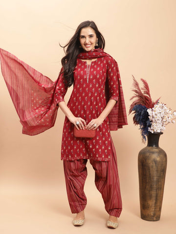 Maroon Cotton Printed Ready to Wear Patiala Salwar Suit