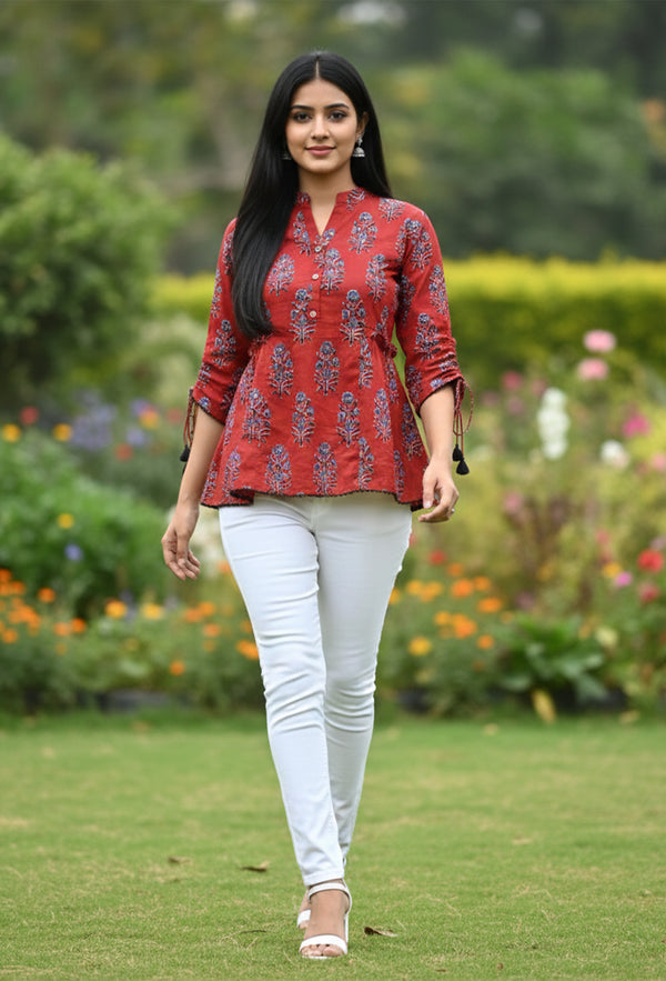 Maroon Pure cotton Jaipuri Printed Short Top